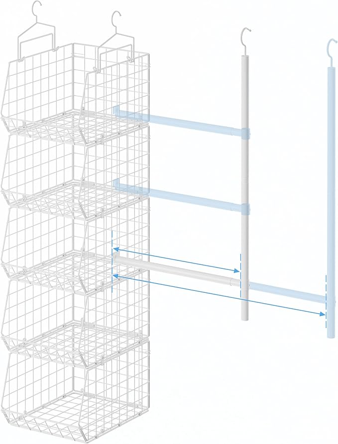 5 Tier Extended Depth Kids Hanging Closet Organizer with Adjustable Width and Height Hanging Rod, Storage Shelves for Sweaters Towels Handbags, Stackable Metal Bins for Closet, Laundry, Dorm, White
