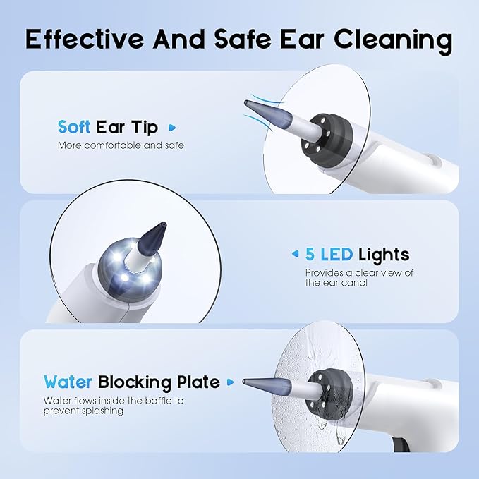 Ear Wax Removal, Electric Ear Cleaning Kit with Light, FSA-HSA-Eligible, Ear Irrigation Kit with 4 Pressure Modes, Safe and Effective Ear Flush Kit with Ear Cleaner - Includes Basin, Towel & 15 Tips