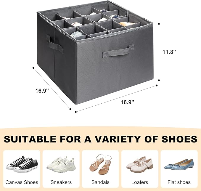 Fabric Shoe Organizer for Closet, Foldable Shoe Storage Bins with Clear Cover, Shoe Container with Adjustable Dividers, Fits up to 16 Pairs, Gray