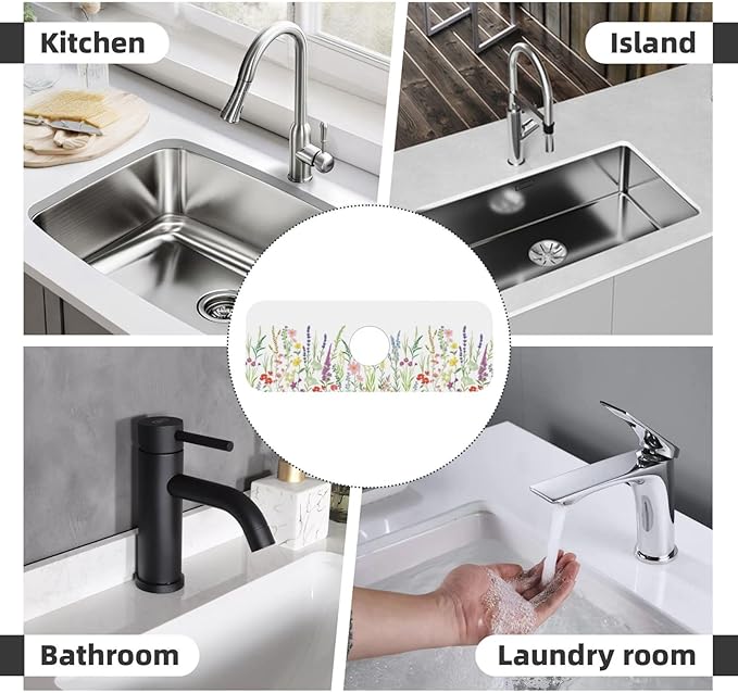 Wildflowers Floral Flower Kitchen Sink Splash Guard Faucet Mat Super Absorbent Fast Drying Mat Sink Gadgets-Fast Drying Pad Sink Mat For Kitchen Bathroom (15" X 5.5" )