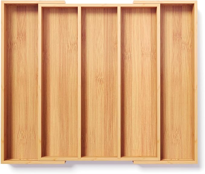 Expandable Kitchen Drawer Organizer,Bamboo Silverware Organizer,Adjustable Flatware Tray for Utensils(16.92 * 13.30~22.83 * 1.96)