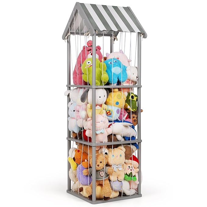 Stuffed Animal Storage, Space Saving Vertical Stuffed Animal Holder Wood, Easy Assembly Cottage-Style Plush Toys Organizer for Bedroom & Playroom (Gray, Large)