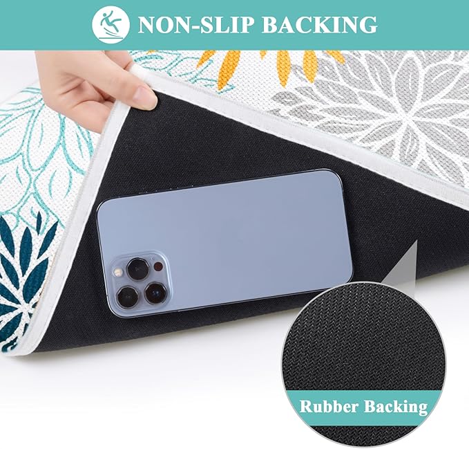 Vaukki Bathroom Rug Set 3 Piece, Non Slip Absorbent Rubber Backed Floral Bath Floor Mat Fit Under Door, Ultra Thin Quick Drying Bath Rug for Shower, Tub and Toilet, 17"x26"+17"x32"+17"x24"U, Teal