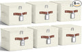 Fiwochic 6 Pack Fabric Storage Bins with Lids, 10×8×7Inch Foldable Cotton Linen Storage Boxes with PU Leather Handles and Label Holders for Closet, Bedroom, Shelf, Nursery, Beige