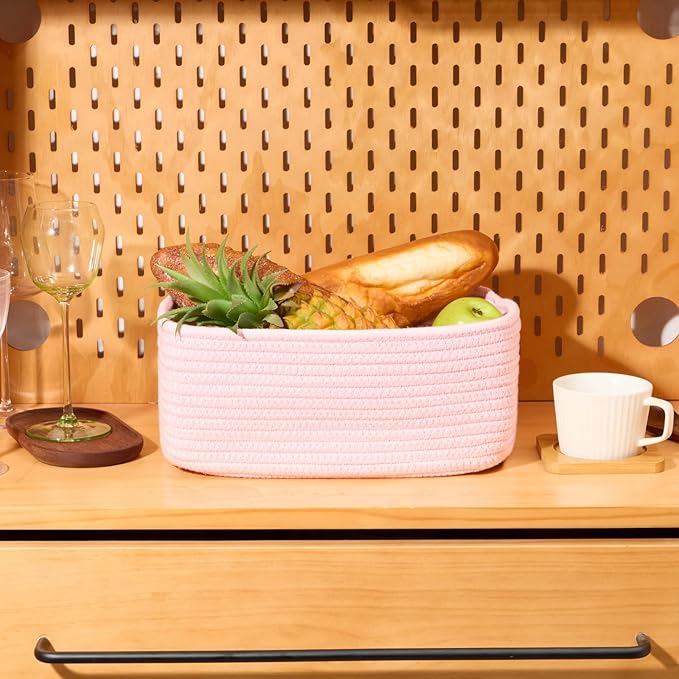 Small Storage Baskets for Organizing | Closet Organizer Bins | Shelf Toy Basket | Woven Rope Baskets | Cube Decorative Box | Shallow Basket | 13x8.5x5.1” | 4 Packs Light Pink