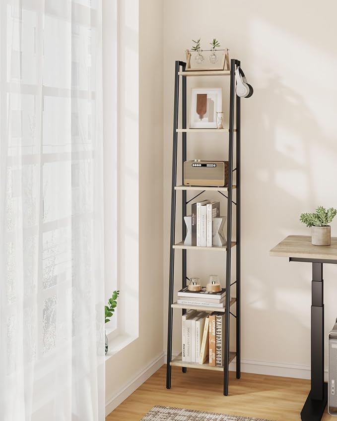 Ladder Shelf, Bookshelf Bookcase, Freestanding Corner Storage Shelve with 2 Hooks for Home Office, Living Room, Kitchen, Bedroom, Industrial, 11.8" D x 13.4" W x 72.8" H, Greige BC13305B