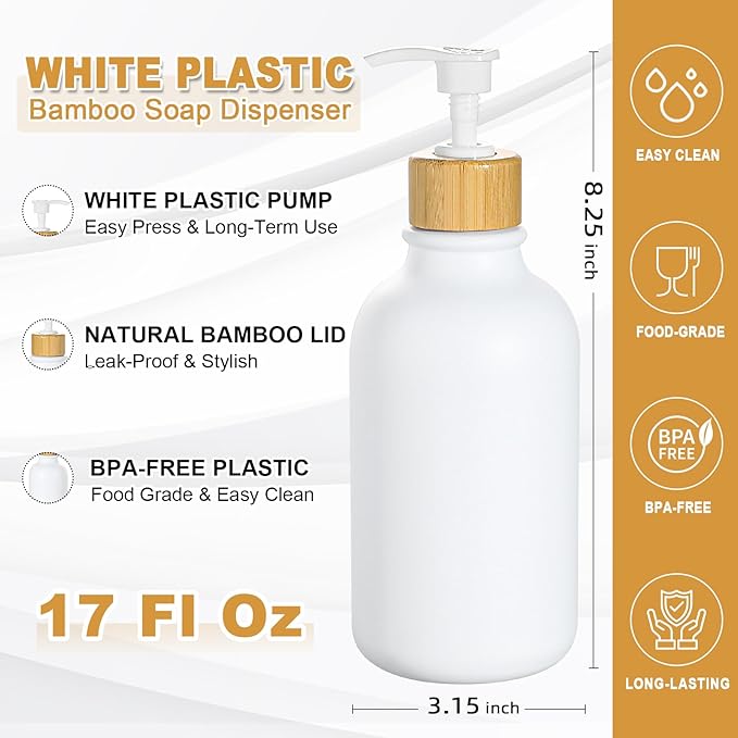 White Soap Dispenser, 2 Pack Plastic Bathroom Hand Soap and Lotion Dispenser Set with Bamboo Pump, 17 Fl Oz Hand and Dish Soap Dispensers Set for Kitchen, Refillable Liquid Soap Bottles