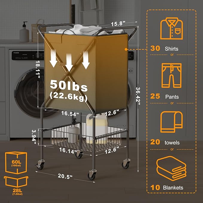 Laundry Basket with Wheels:88L Rolling Laundry Cart Foldable Metal Frame Dirty Clothes Laundry Hamper 36"H 4 Caster 2 Brake Waterproof Removable Liner Carry Handle for Dorm Laundry Room,Gray