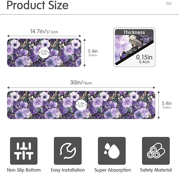 Purple Black Lotus Flower Kitchen Sink Splash Guard Sink Faucet Mat Faucet Handle Drip Catcher Drain Mats for Kitchen Bathroom Countertop Absorbent Dish Drying Pad 2Pack 30x5.4IN