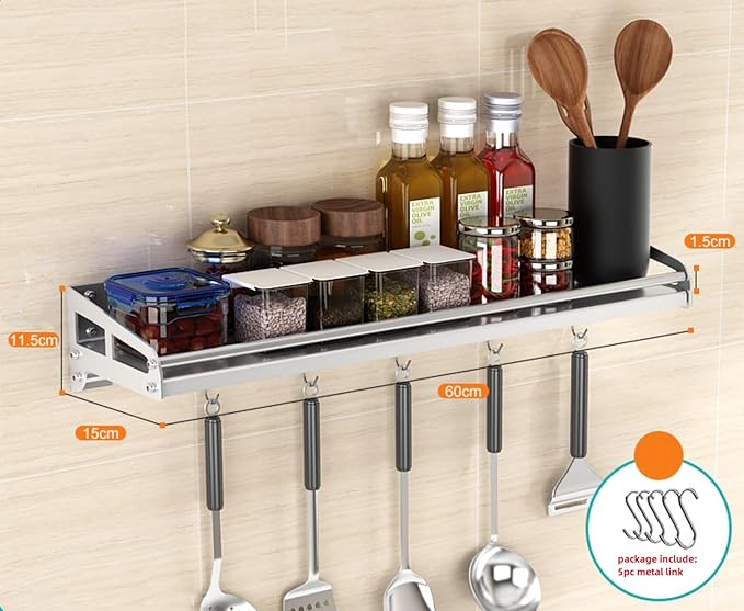 Wall Mount Metal Wall Shelf Kitchen Spice Condiment Racks 304 Stainless Steel fit Storage Rack Bedroom Bathroom Living Room Shelves (Length23.6 width5.9)