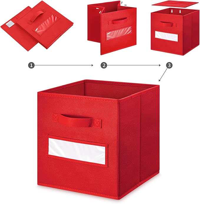 artsdi 11 Inch Storage Cube,Storage bin,cube storage (Set of 10) Foldable Fabric Cube Storage Bins with 10 Labels Window Cards & a Pen,Baskets Containers for Shelves,Closet Organizers Box,Red