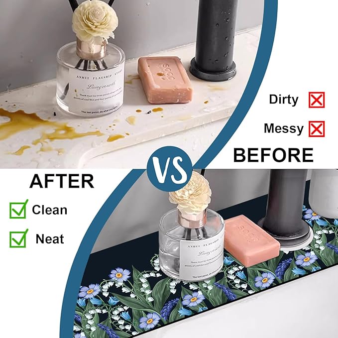 Blooming Lilies Sink Splash Guard Valley Lilies Flowers Faucet Absorbing Mat Fast Drying Mat Sink Gadgets Splash Guard Behind Faucet Drip Catcher for Kitchen Bathroom, 23.5"x5.5"