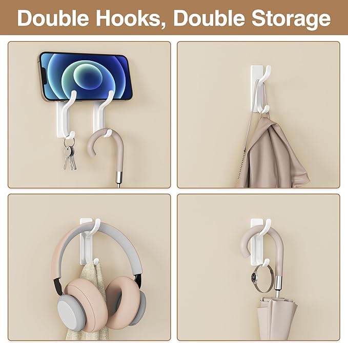 pickpiff Adhesive Wall Coat Hooks - Heavy Duty Stick-On Door Hanger, Metal Hook for Hanging Towel,Purse, Robe, Backpack, Jacket, Clothes - for Bathroom,Dorm, Closet, Kitchen - White, 6 Pack