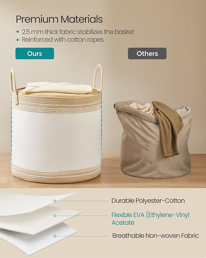 SONGMICS Laundry Hamper, Cotton Rope Laundry Basket with Handles, for Clothing, Living Room, Bedroom, 23.8 Gallons, 19.7 x 19.7 x 18.1 Inches, Cloud White and Camel Brown URLH090K01