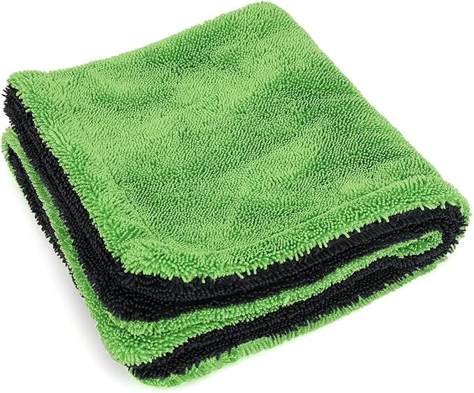 1200GSM Microfiber Car Drying Towel, Double-Twist Loop, Ultra-Absorbent, Quick-Dry, Lint- & Streak-Free, Scratch-Safe, for Car Wash & Detailing (1 Pack) (Dark Grey & Green, 16" x 16")