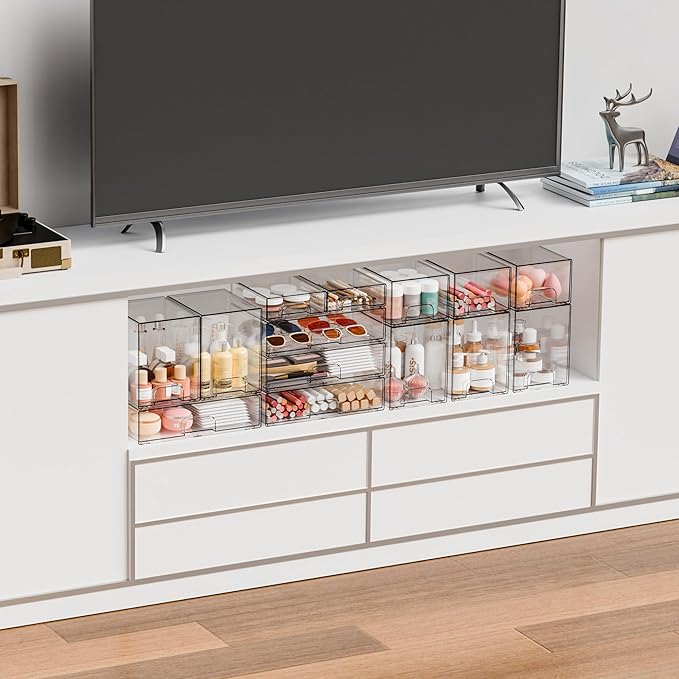 2 Pack Acrylic Drawer Organizer,12.2''W Clear Stackable Storage Drawers,Acrylic Boxes for Storage Makeup Palettes,Cosmetics,Pull Out Bathroom Storage Bins for Hair Products,Medicine Cabinet Organizer