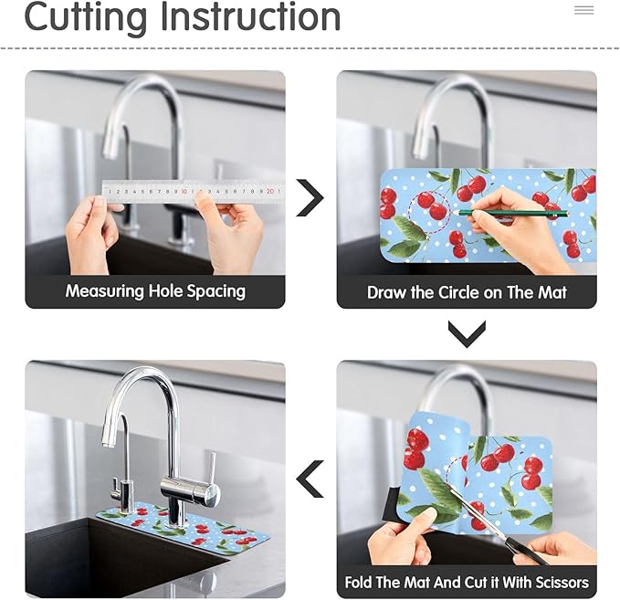 Kitchen Sink Splash Guard 1 PC 30 Inch Sink Faucet Mat Splash Guard for Bathroom Countertop Water Absorbent Foldable Cuttable Soft Washable Light Blue Dots Red Cherry