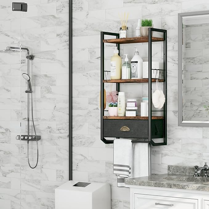 Bathroom Storage Organizer Wall Mounted, 3 Tier Bathroom Towel Rack Shelf with Storage Drawer Double Towel Bars and Hooks, Industrial Bathroom Shelves Over Toilet, Rustic Black and Brown (A)