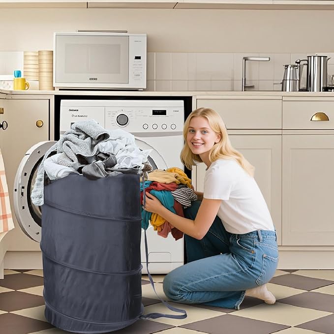 BATTOO Collapsible Laundry Baskets- Foldable Hamper for Laundry Extra Large Pop Up Laundry Hamper 107L with Long Straps Drawstring Clothes Hamper for Bathroom, Campout, Dorm or Travel Navy