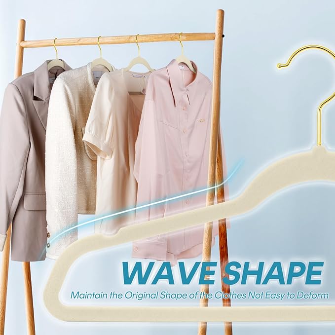UNEED Ivory Velvet Hangers with Golden Hooks, 36 Pack - Ultra Thin Space Saving, Non-Slip Clothes Hangers for All Clothing, Dorm & Closet Organization (Heavy Duty, Anti-Scratch,360° Protection)