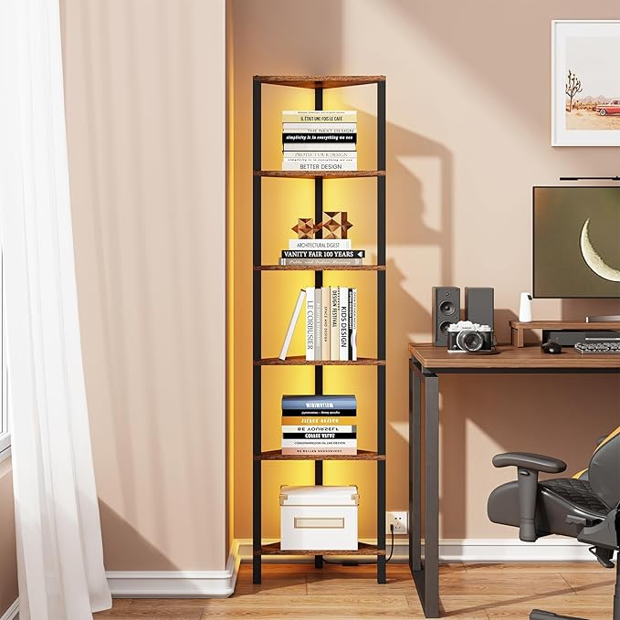 TUTOTAK Corner Shelf with LED Light, 6-Tier Corner Bookshelf for Small Space, Narrow Display Corner Shelf Stand with Storage Rack, for Living Room, Bedroom, Rustic Brown BS05BB006L