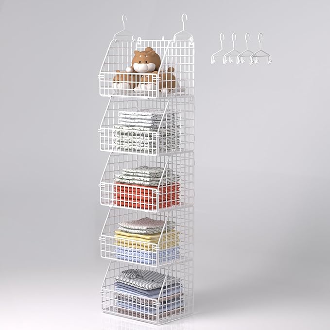 Hanging Closet Organizer and Storage, Clothes Hanging Shelves Wire Baskets for Clothing Sweaters Purse Handbags Shoes White 5 Tier