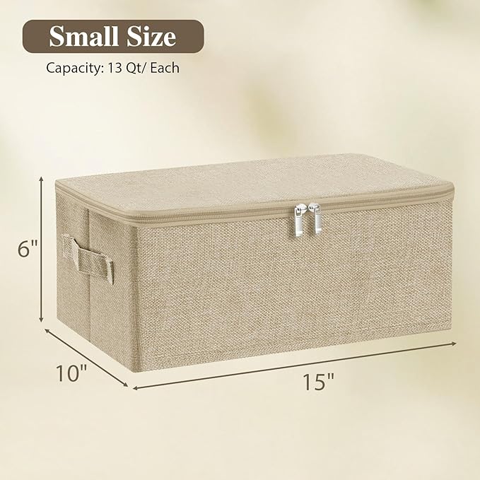 ANMINY Storage Bins with Zipper Lids 13 Qt Lidded Fabric Storage Boxes Baskets Cubes with Handles Collapsible Washable Cotton Linen Closet Shelf Clothes Organizer Containers - Beige, Small