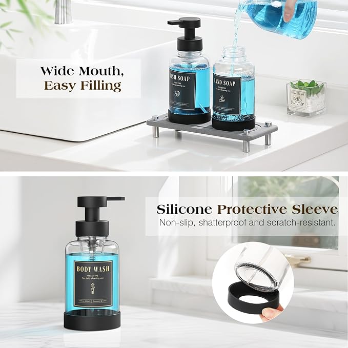 Luxspire Foaming Soap Dispenser, Non-Slip Hand Soap Dispenser with Fast Drying Tray, 15oz Glass Refillable Liquid Bottle for Bathroom & Kitchen, 2 Pack, Transparent + Dark Gray