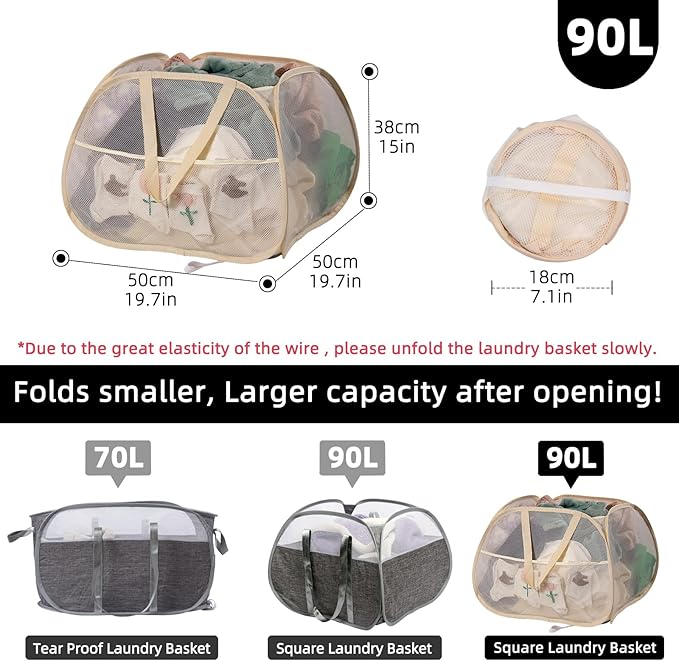 Collapsible Laundry Basket, 90L Foldable Pop-up Laundry Hamper with Handles, Square Mesh Dirty Clothes Hamper for Laundry, Bathroom, Kids Room, Dorm,Travel or Camping (Beige)