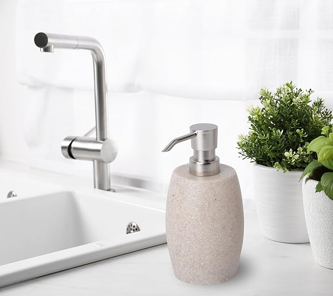 Sandstone Textured Resin Soap Dispenser with Metallic Pump and Waterproof Bottle Labels for Bathroom Kitchen Dish Hand Wash Shower Lotion Shampoo, 12 Oz, Beige