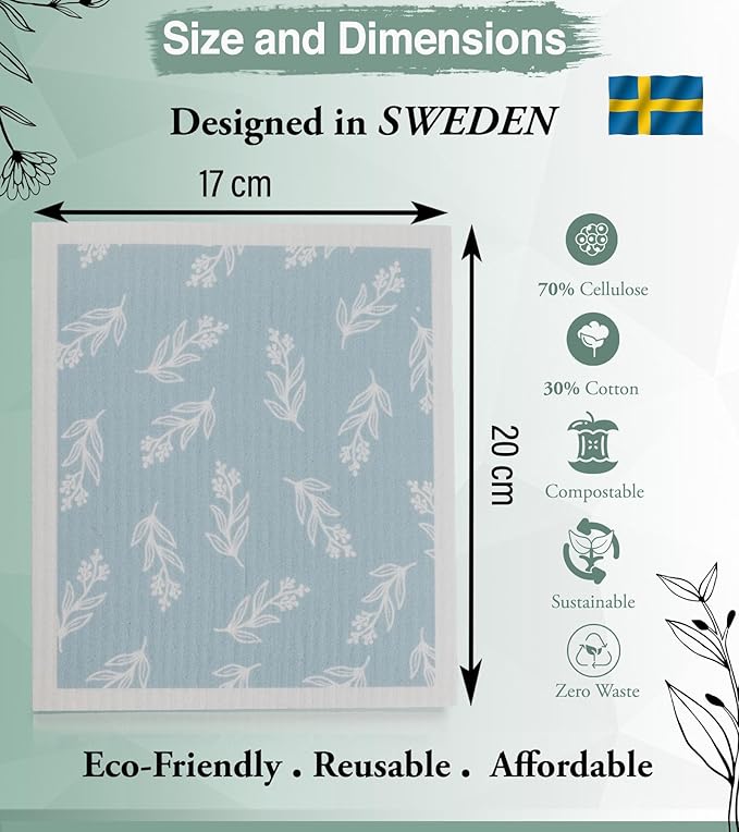 10 PCS Leaf Print Swedish Dishcloths for Kitchen 100% Biodegradable Reusable Cellulose Sponge Cloths Ultra Absorbent, Eco-Friendly Cleaning Towels Dishcloths for Washing Dishes & General Cleaning