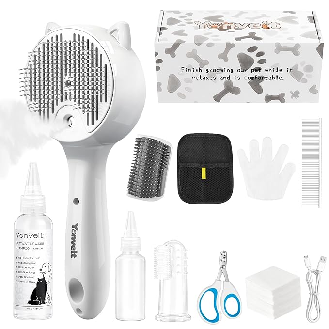Pet Spray Brush for Cat & Dog, Hair Health & Grooming Set Includes 100ml Waterless Shampoo, Nail Clippers, Toothbrush, Comb, Cat Scratcher with Catnip, Disposable Cleaning Supplies, Gift-Set