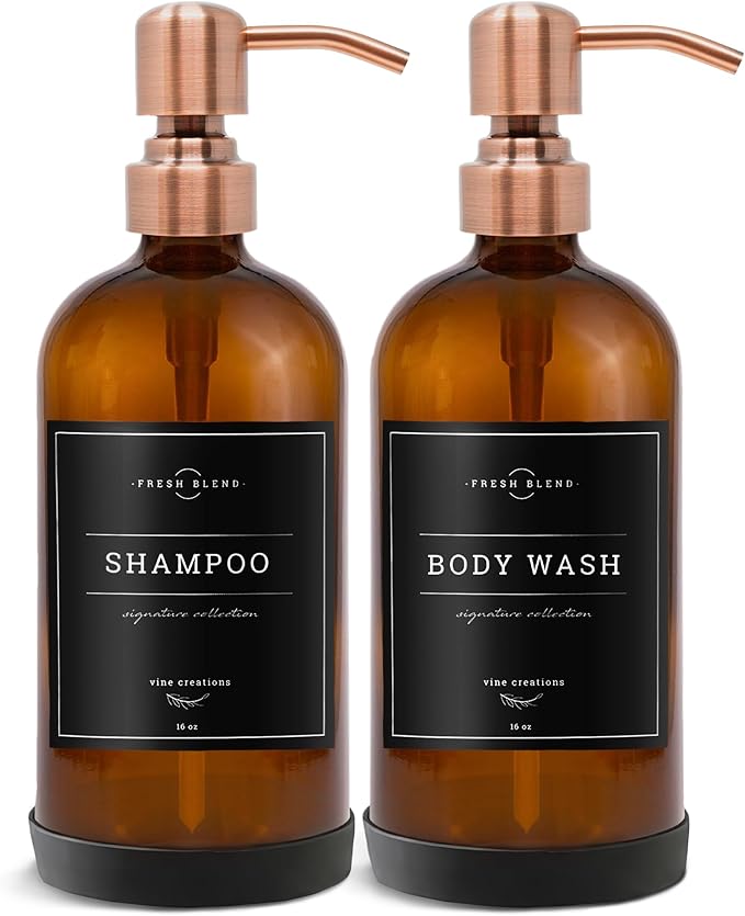 Vine Creations Amber Glass Soap Dispenser, 2 Pack Kitchen Soap Dispenser Set with Stainless Steel Pump, 16 oz Dish Soap and Hand Soap Dispensers for Bathroom with Waterproof Labels