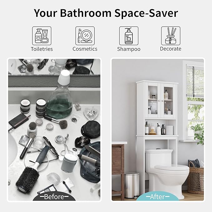 Shintenchi Over The Toilet Storage Cabinet, Bathroom Shelf Organizer with Anti-Tip Device Small Freestanding Space Saver with Adjustable Shelf and Glass Door, White