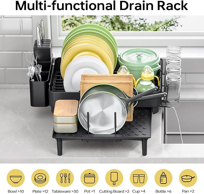 Dish Drying Rack for Kitchen Counter, 304 Stainless Steel Dish Rack, Expandable Dish Drainer, Foldable Dish Strainer with Cutlery Holder, Kitchen Plate Rack (Black, Large Size)
