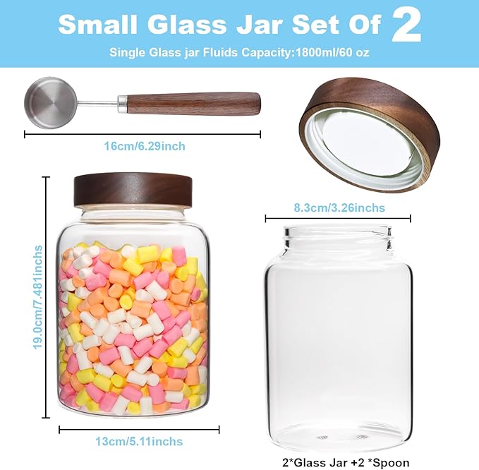 Patoper Glass Coffee Jars Spice Jar Round Storage Canister with Wooden Lid Clear Glass Food Jar for Pantry Sugar Tea Coffee Bean Spice Nuts Cookies Bath Salts (1800ml/60oz-2PACK（with spoon)
