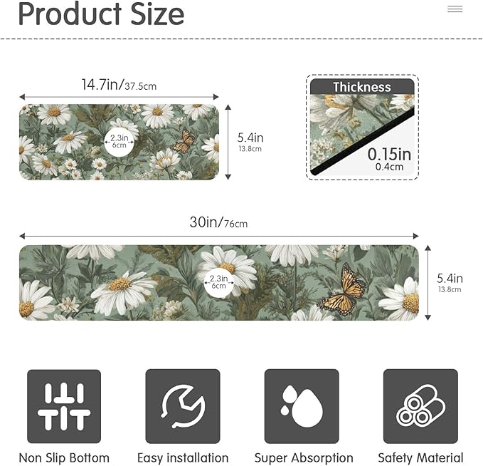 Kitchen Sink Splash Guard 2 PCS 14.7 Inch Sink Faucet Mat Splash Guard for Bathroom Countertop Water Absorbent Foldable Cuttable Soft Washable Summer Daisy Butterfly Green