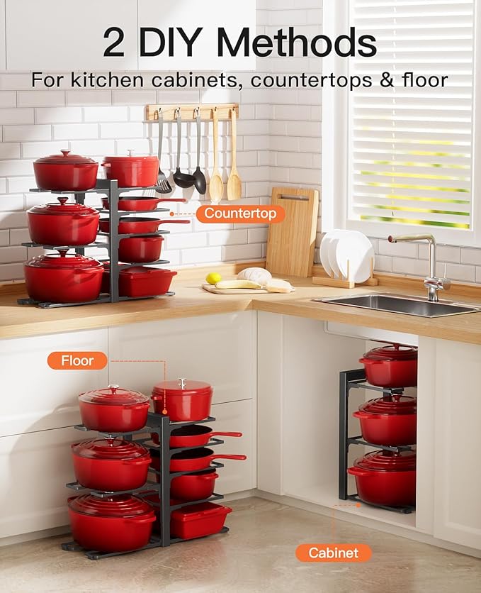 ORDORA Pots and Pans Organizer Rack for Cabinet, 15.83" Height 8-Tier Heavy Duty 120LBS Pot Pan Organizer under Cabinet Adjustable for Dutch Oven, Cast-iron Pan, Heavy Skillets Griddles, Shallow Pot
