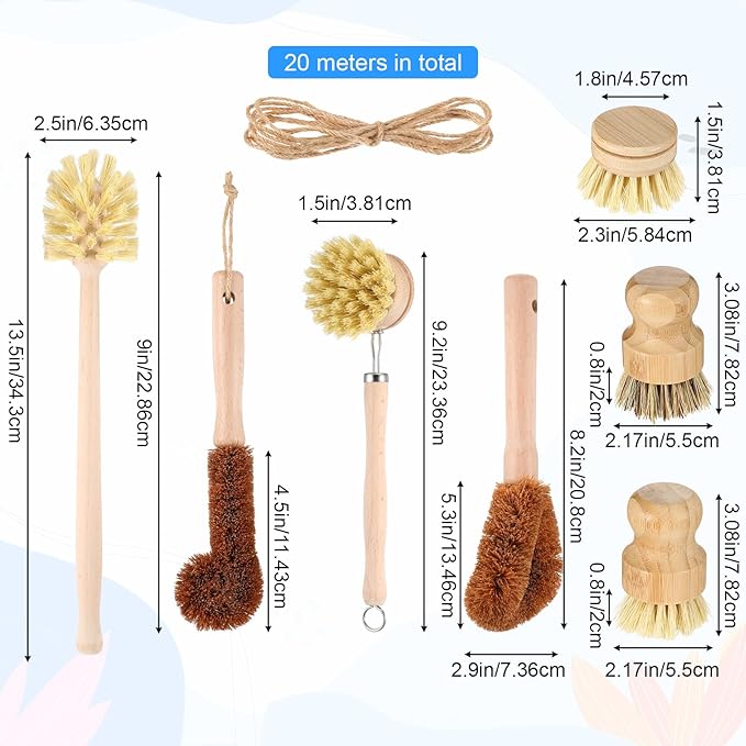 9pcs Bamboo Dish Brush Set Wooden Dish Brush with 14’’ Bottle Brush Natural Kitchen Scrub Brush Dish Scrubber for Kitchen Cleaning Dishes Pans Bottles Sink Vegetables Household
