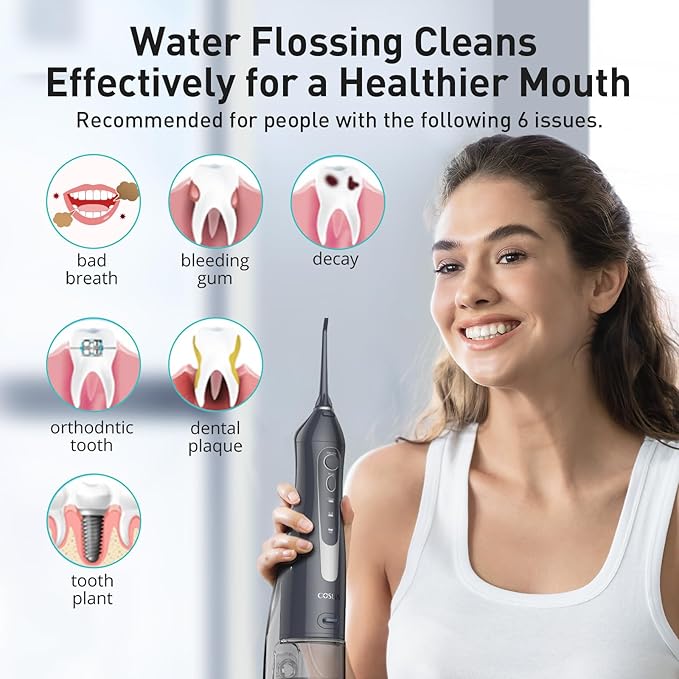 COSLUS Water Dental Flosser Teeth Pick C20(F5020E): Portable Cordless Oral Irrigator 300ML Rechargeable Travel Irrigation Cleaner IPX7 Waterproof Electric Flossing Machine for Teeth Cleaning, Grey