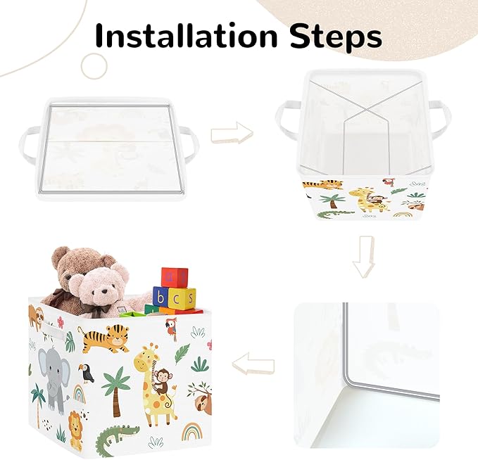 Clastyle Jungle Animal Storage Cube Organizer Set Tree Closet Clothes Cube with Metal Frame Foldable Parents Organizer Storage Basket for Book Toy,White,11.8x11.8x11.8 in