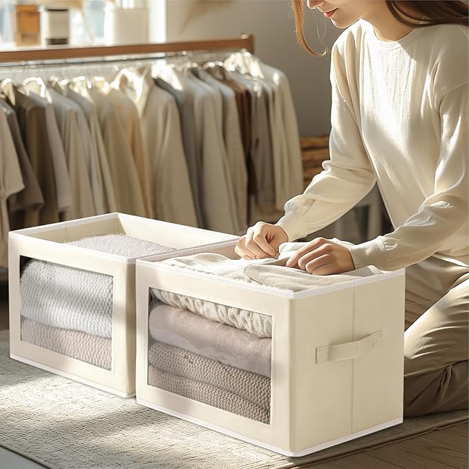 Storage Boxes with Lids - 3 Pack Fabric Clear Window Storage Bins, Collapsible Storage Bins with Lids, Linen Closet Organizer for Clothes, Towel, Blanket, Beige