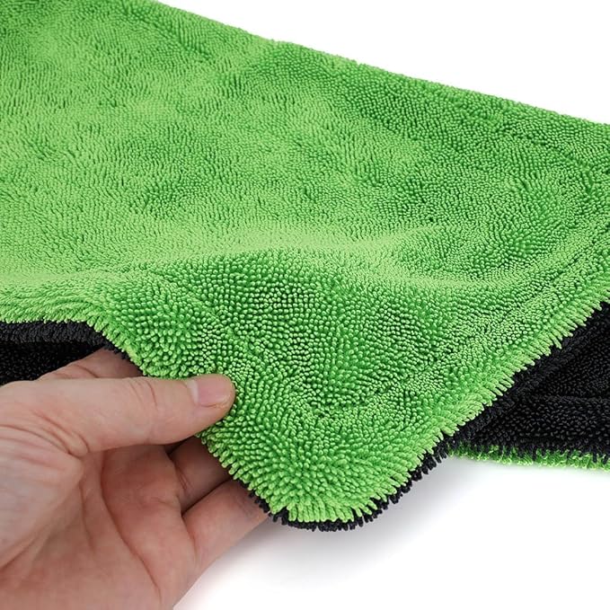 1200GSM Microfiber Car Drying Towel, Double-Twist Loop, Ultra-Absorbent, Quick-Dry, Lint- & Streak-Free, Scratch-Safe, for Car Wash & Detailing (1 Pack) (Dark Grey & Green, 16" x 16")