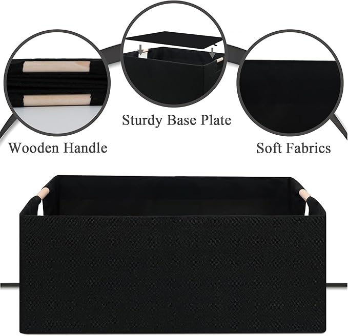 Foldable Fabric Storage Cubes, 2 Packs Cloth Storage Baskets with Wooden Handles, Collapsible Shelf Closet Organizer Bins, Rectangular Storage Boxes for Decor (Black)