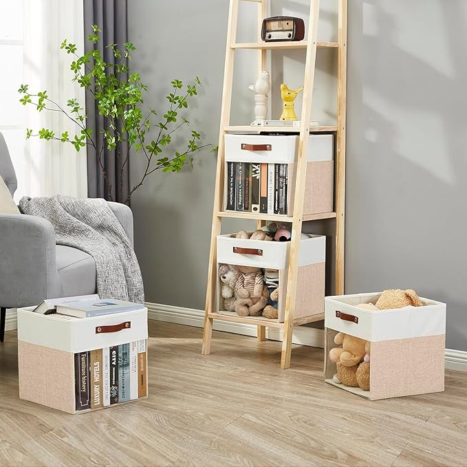 Storage Cubes, 4 Pack Linen Foldable Storage Bins with Clear Window and 2 Handles, 13x15x13 Storage Cube Bins for Shelf Closet, Kallax, Clothes, Books - (Beige and White)