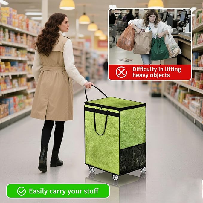 Boczif Large Laundry Basket Hamper Bag, Reusable Grocery Bag Collapsible Cart with Wheels and Handle, Rolling Tote Shopping Bags Storage Organizer for Clothes & Groceries, Trip, Sports, Picnic (Green)