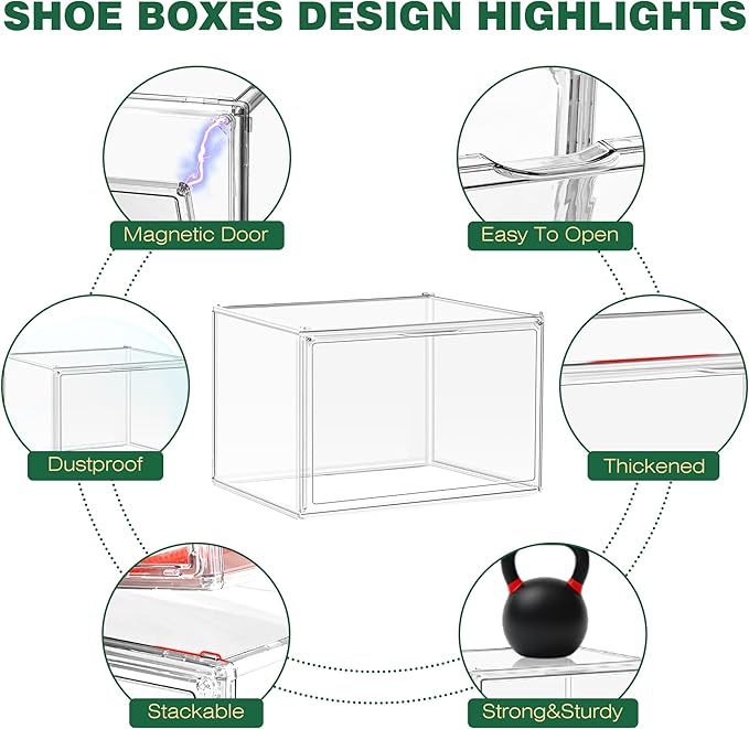 EDS FAM 12 Pack X-Large Acrylic Display Case, Size 14 Clear Shoe Box Stackable Sneaker Display Case with Magnetic Lid Multipurpose Storage Bin for Closet for Purses, Handbags, Cosmetics, Collectibles