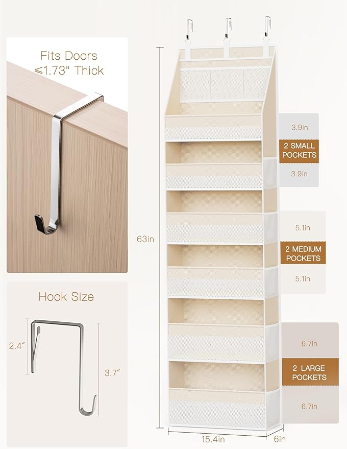 Criusia 2 Pack Over the Door Organizer, 6-Shelf Closet Hanging Storage with 13 Mesh Pockets, 55lbs Capacity Behind the Door Storage for Baby Nursery, Bathroom, Bedroom, and Dorm, Beige