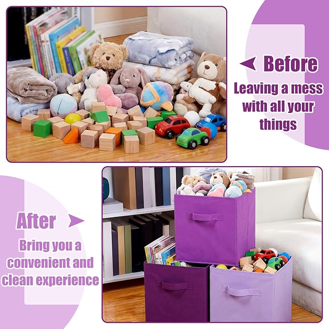 Karenhi 11" x 10.5" x 10.5" Purple Storage Cube, 6 Pack Fabric Cube Storage Bins Organizer Box, Collapsible Baskets with Handles Foldable Shelf for Cloth Toys Home Room Closet, Pack of 6