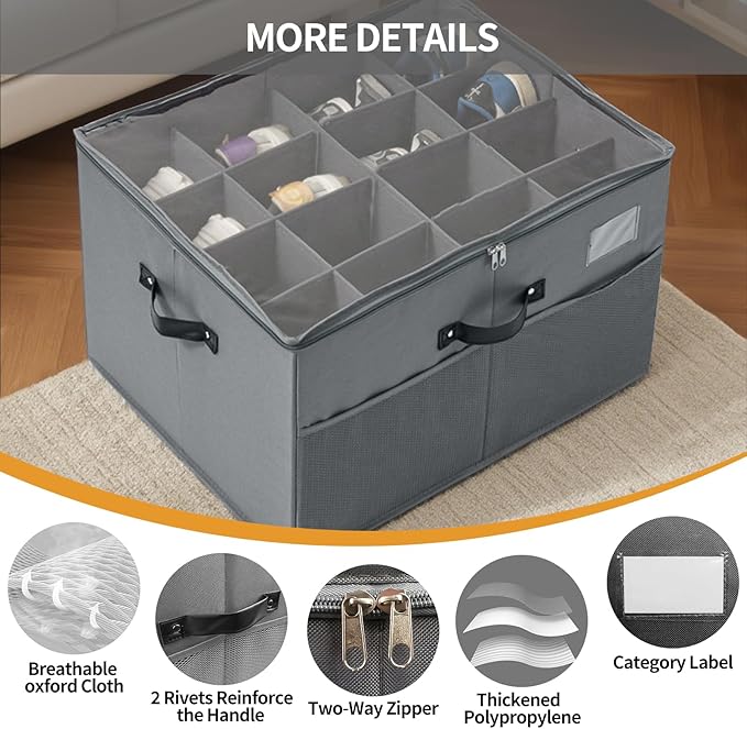 Shoe Storage Organizer for Closet Fits 16 Pairs, 1 Pack Shoes Boxes with Transparent Cover and Sturdy Handles, Shoe Storage Box for Sneakers Sandals Slippers, Boots,Gray,Gift for women,mom